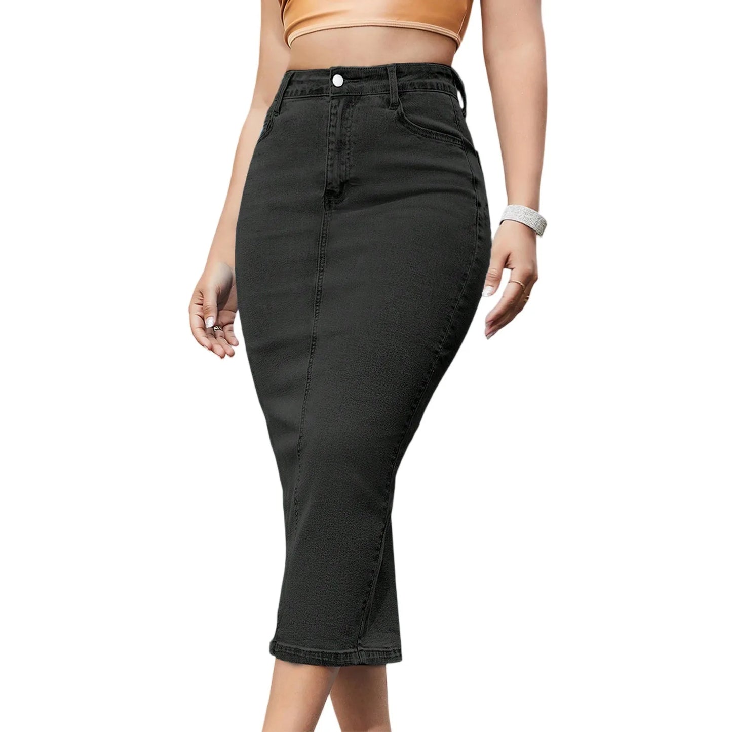 Women's High Waist Denim Hip Hugging Slim Fit Back Slit Skirt With Pockets Elegant Long Denim Skirts Summer Fashion Long Skirt