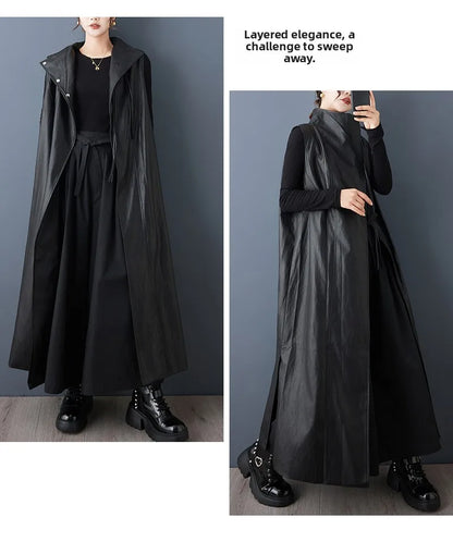 Casual Loose PU Leather Jaet Long Stand Collar Windbreaker Outerwear Faionable Design Sense Asymmetrical High-End Feeling