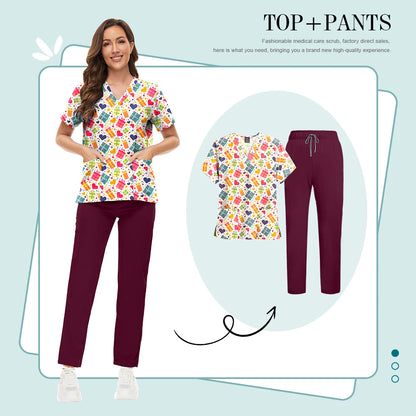 Scrubs Uniforms Sets High-quality Medical Scrub Multicolor Animal Printed Women Scrub Tops Medical Scrubs Uniform Nurse Lab Wear