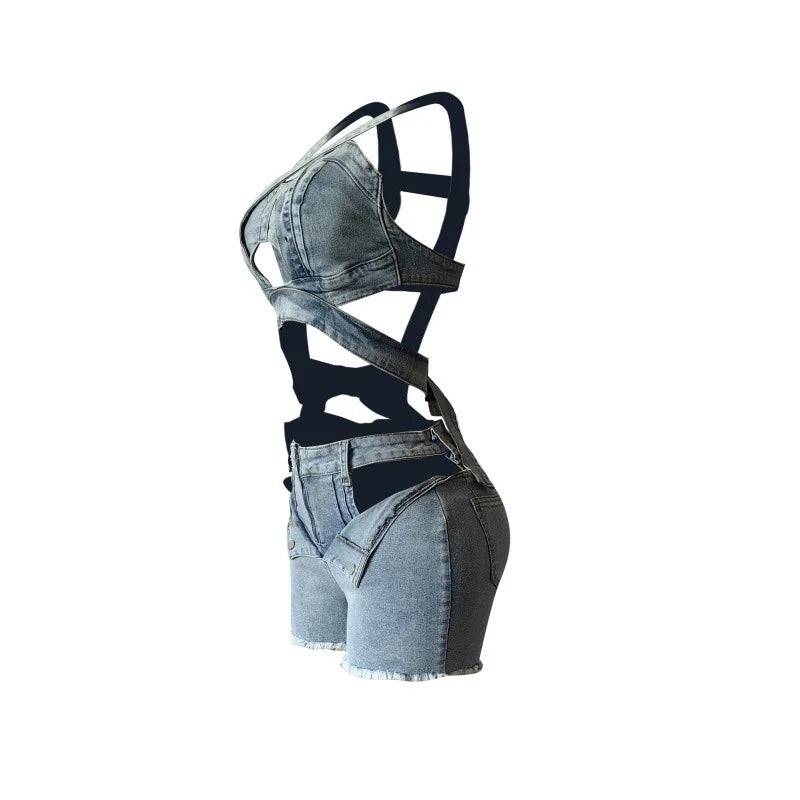 2 Piece Sets Women Denim Shorts Suit Sexy Vest Top Strap Backless Jeans Short Pants Pockets Outfits 2025/2026 Streetwear Ensemble