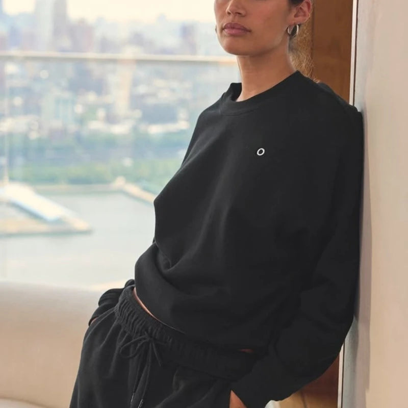 Autumn Women's Sweatshirts Casual New Loose Long-sleeved Pullovers Women Solid Color Black Sports Crew-neck Hoodies Gym Tops