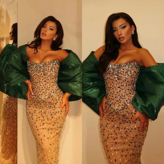 Luxurious Mermaid Evening Dress Off Shoulder Crystal Beaded Prom Gowns Illusion Floor Length Celebrity Party Dresses Customized