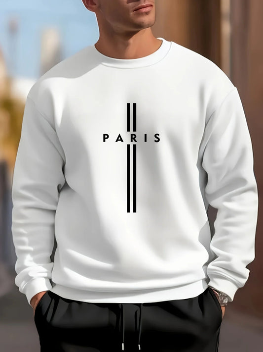 Men's autumn and winter fashionable casual loose Paris letter print fleece pullover long sleeved round neck sweatshirt
