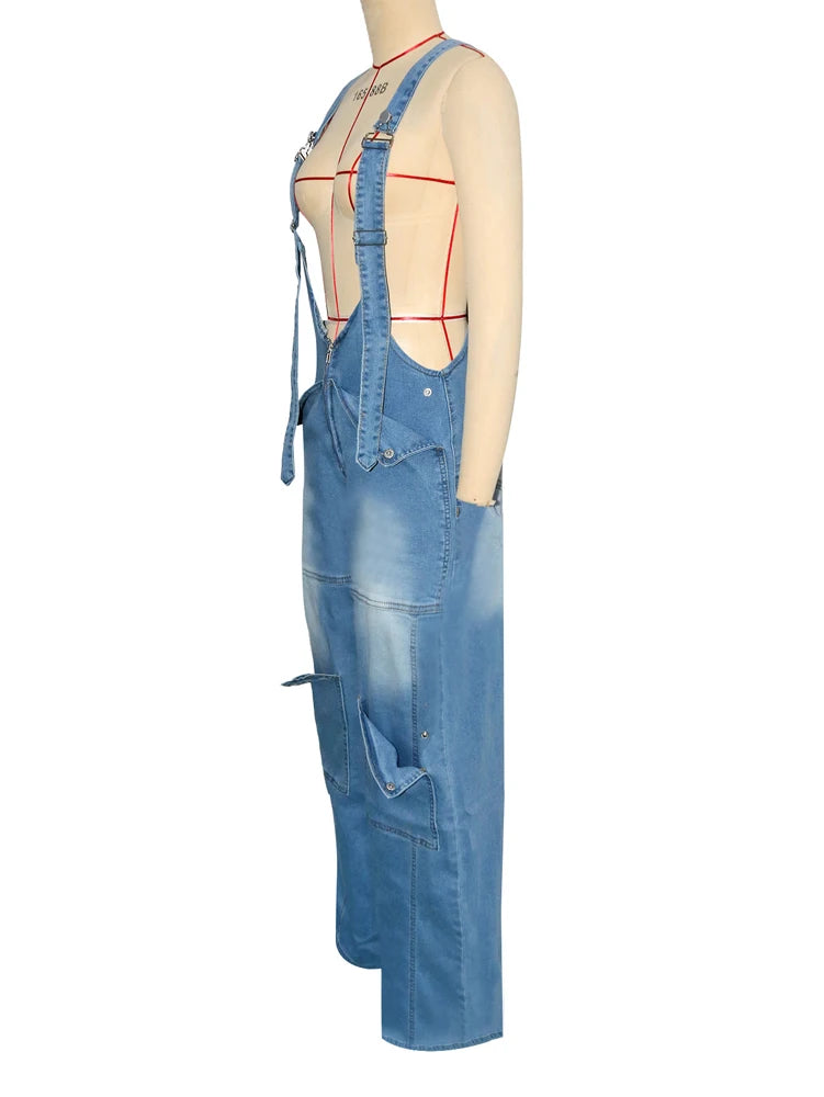 Summer Fashion Loose High Waisted Zip Denim Overalls Women Clothes Multi Pockets Cargo Jeans Trousers Casual Wide Leg Jumpsuits