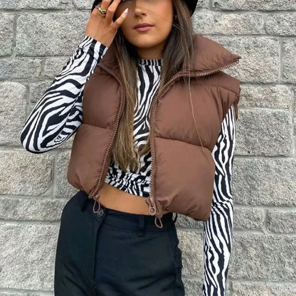 Winter Short Down Sleeveless Vest Women Warm Stand Collar Zipper Jacket Casual Fashion Quilted Cropped Coats Street Outerwears