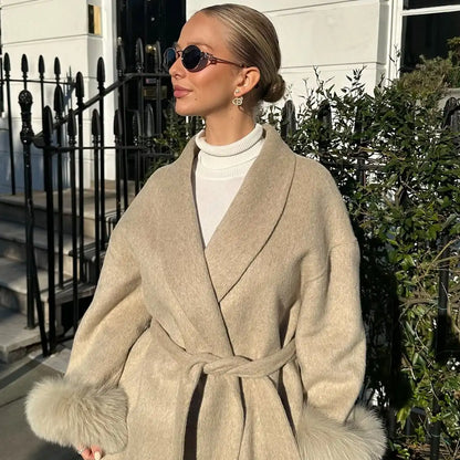 Elegant Lace Up Woolen Short Coat Solid Loose Lapel Furry Belt Long Sleeve Jacket Female 2025 Autumn Winter Lady Chic Cardigan