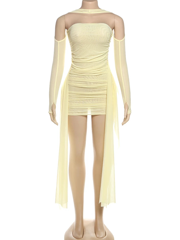 Nibber Summer Vacation Sexy See Through Dress+Shawl Women Ruched Side Ribbon Coquette Skinny Midnight Clubwear Party Bodycon