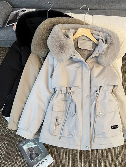 Women Big Fur collar Loose Parka Jacket Lady Medium Long Styles Down Cotton Outwear Winter Female Hooded Cotton Padded Coat
