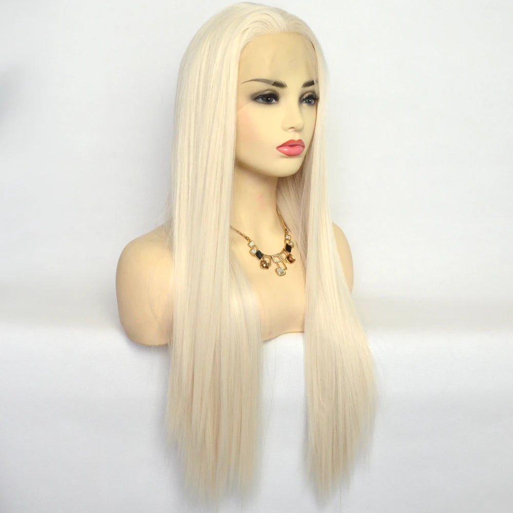 Voguequeen Platinum Blonde Synthetic Lace Front Wigs Silky Straight Heat Resistant Fiber Daily Wear For Women
