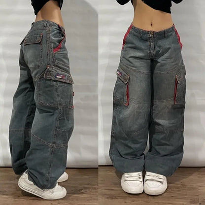 Street Vintage Jeans New Y2K Harajuku Wash Blue Multiple pockets Baggy Jeans Denim Pants Mens Womens High Waist Wide Trousers