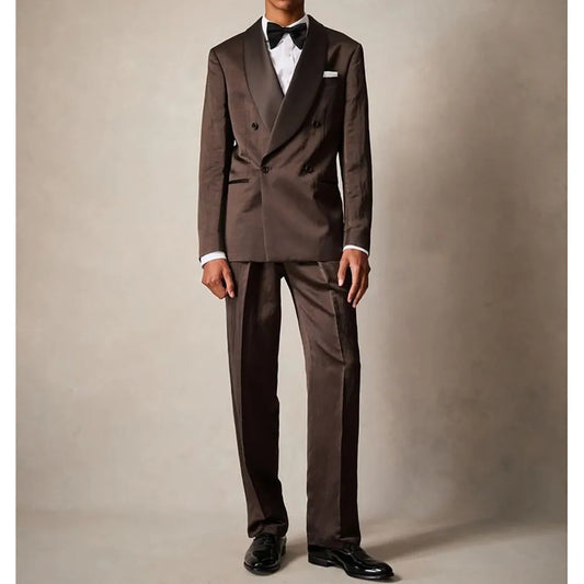 Formal Wedding Brown Men's Suits Blazer Elegant Double Breasted Shawl Lapel Slim Fit Male Clothing Customized 2 Pcs Jacket Pants