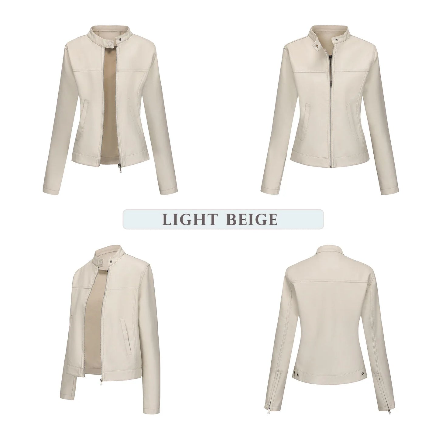 Black Women's Fitted Leather Jacket with Front Zipper & Side Pockets‌, Available in Brown, Navy Blue, and Beige.