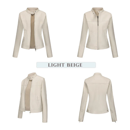 Black Women's Fitted Leather Jacket with Front Zipper & Side Pockets‌, Available in Brown, Navy Blue, and Beige.