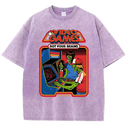 Video Games Rot Your Brains Washed Retro Mens T-Shirt Cotton Loose Tees Cotton Oversize Streetwear Breathable Tshirt Couple