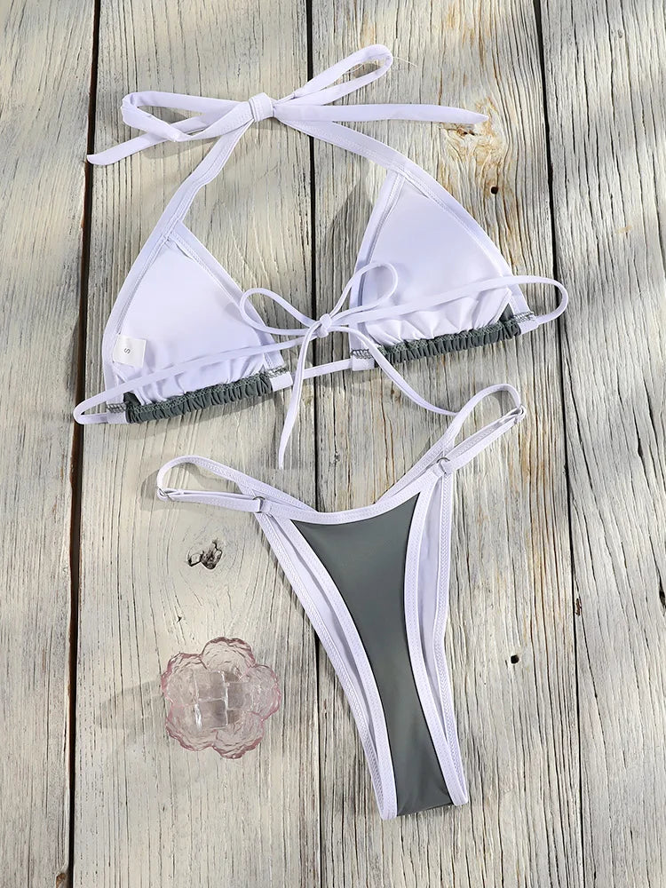 Halter Bordered Swimsuits Women Triangle Bikini 2025 Bandage Swimwear Print Bathing Suit Sexy Biquini Mujer Low Waist Beach Wear