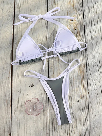 Halter Bordered Swimsuits Women Triangle Bikini 2025 Bandage Swimwear Print Bathing Suit Sexy Biquini Mujer Low Waist Beach Wear