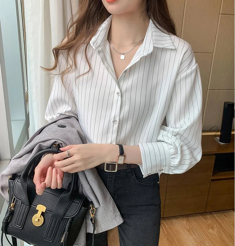 Striped Shirt Women Summer Vintage Chic Loose Long Sleeve Top Y2K Office Ladies Fashion Casual Turn Down Collar All Match Blouse