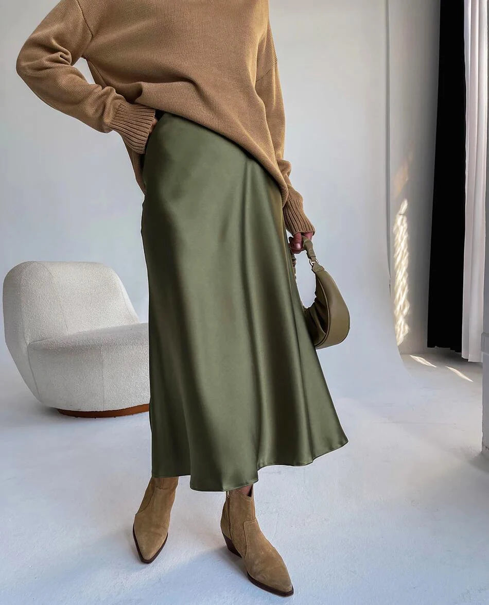 Women's Satin Skirt High Waist Elegant Midi A-line Skirt Lady's Summer Solid Champagne Vintage Silk Long Skirts for Women 2026