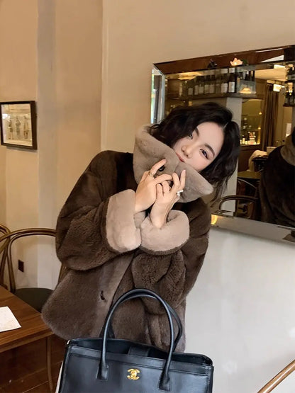 2025 New Coffee Colored Faux Mink Fur Spliced Lapel Fur Coat for Women Young and Loose