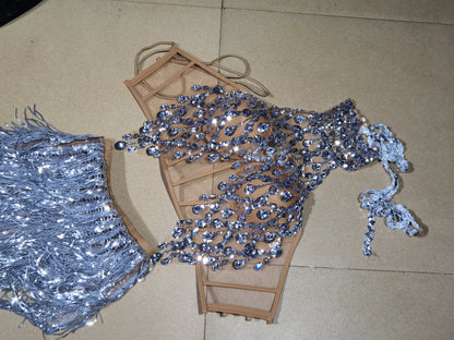 Luxurious Blue Diamond Sparkling Tassel Jazz Dance Performance Clothing Basketball Baby Performance Clothing Cheerleading Short