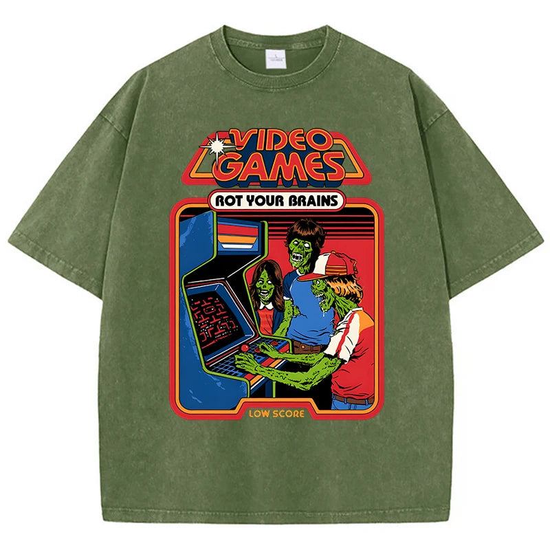 Video Games Rot Your Brains Washed Retro Mens T-Shirt Cotton Loose Tees Cotton Oversize Streetwear Breathable Tshirt Couple