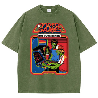 Video Games Rot Your Brains Washed Retro Mens T-Shirt Cotton Loose Tees Cotton Oversize Streetwear Breathable Tshirt Couple