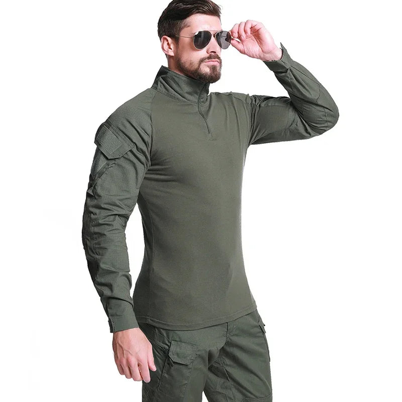 Men's Outdoor Tactical Shirts Long Sleeve Outfit Combat Shirt 1/4 Zipper Ripstop Tops Workwear pullover Camo Airsoft T-Shirts