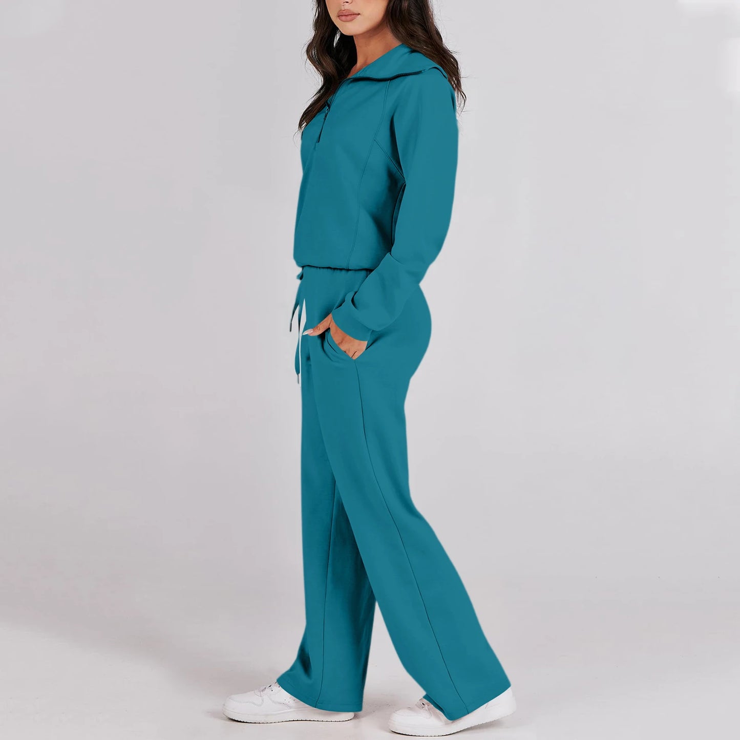 Solid Two-piece set Women Fashion Long Sleeve Zipper Sweater Pullover Tie up Pocket Wide Leg Pant Suit Loose Casual Sport Sets