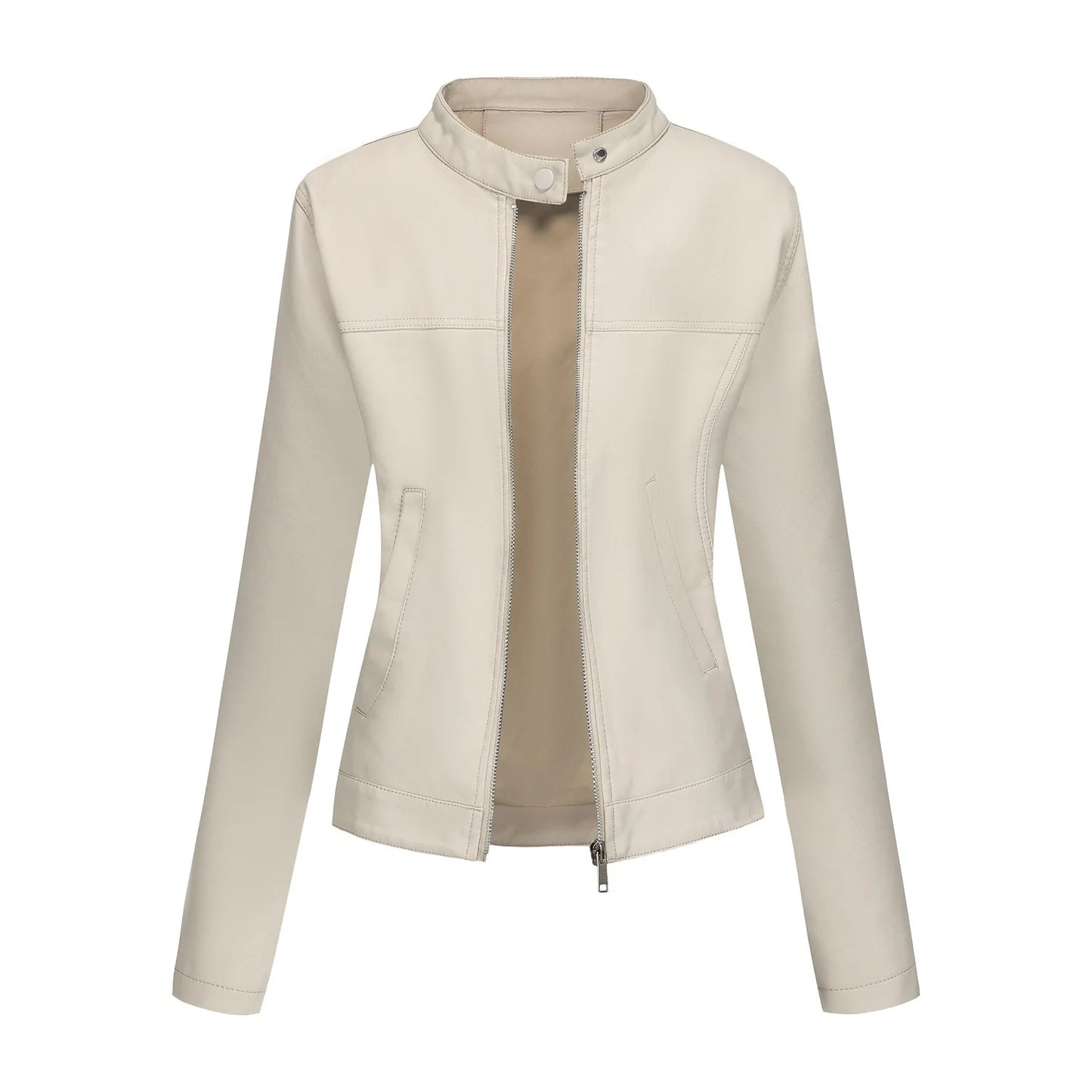 Black Women's Fitted Leather Jacket with Front Zipper & Side Pockets‌, Available in Brown, Navy Blue, and Beige.