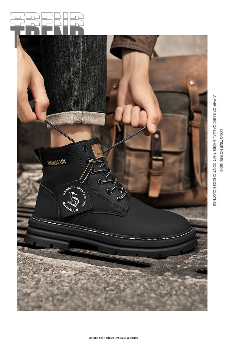 Classic Men High Top Boots High Quality Yellow Leather Boots Fashion Outdoor Sneakers Men Lace Up Non-Slip Ankle Boots for Men