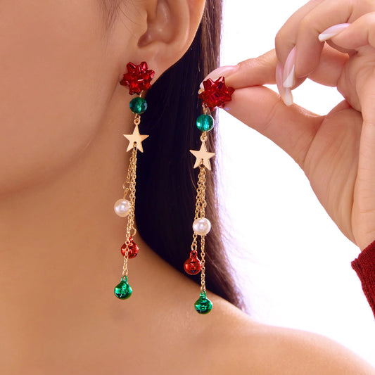 Merry Christmas Pearl Flower Star Bell Long Tassel Dangle Earrings for Women Shiny Crystal Zircon Snowflake Earring Girl Jewelry
