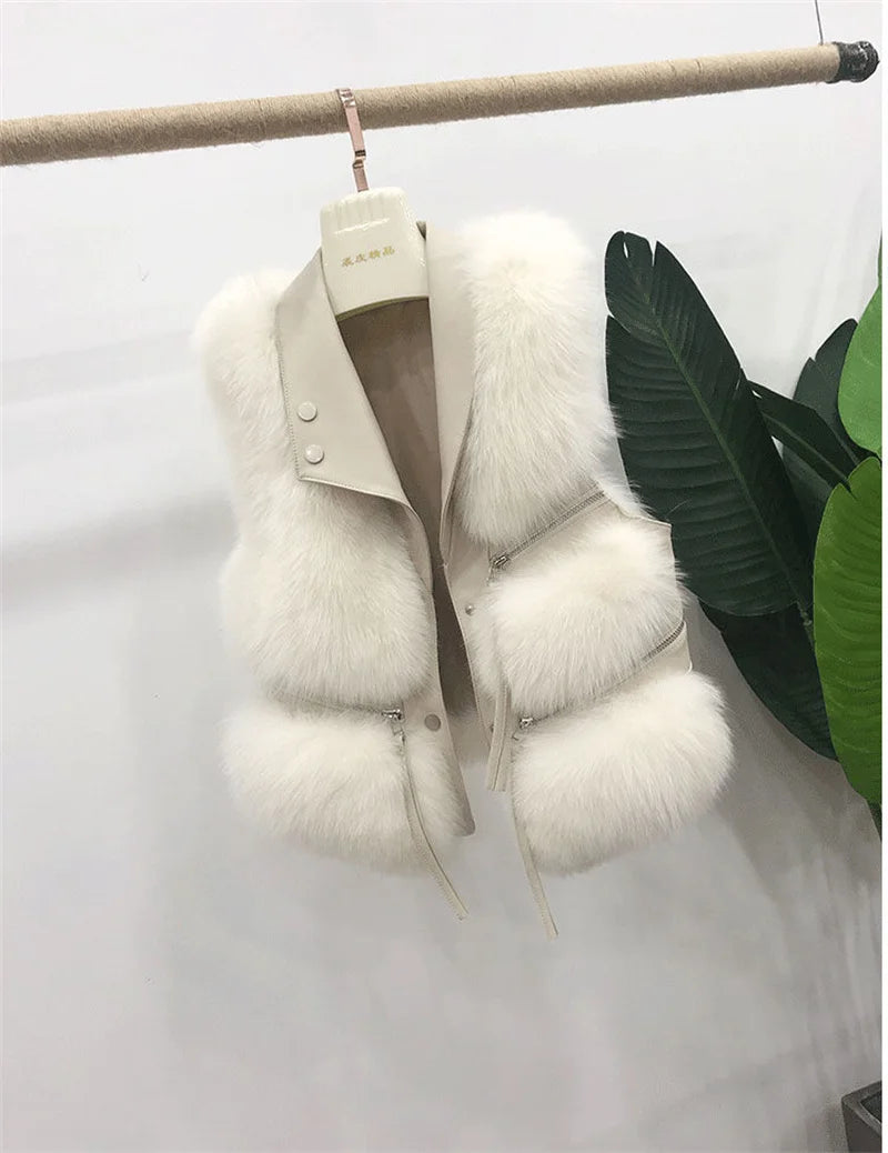Autumn Winter Splicing Imitation Fox Fur Grass Vest Women Short Jacket 2025New Fashion Versatile Sleeveless Lady Waistcoat Coat