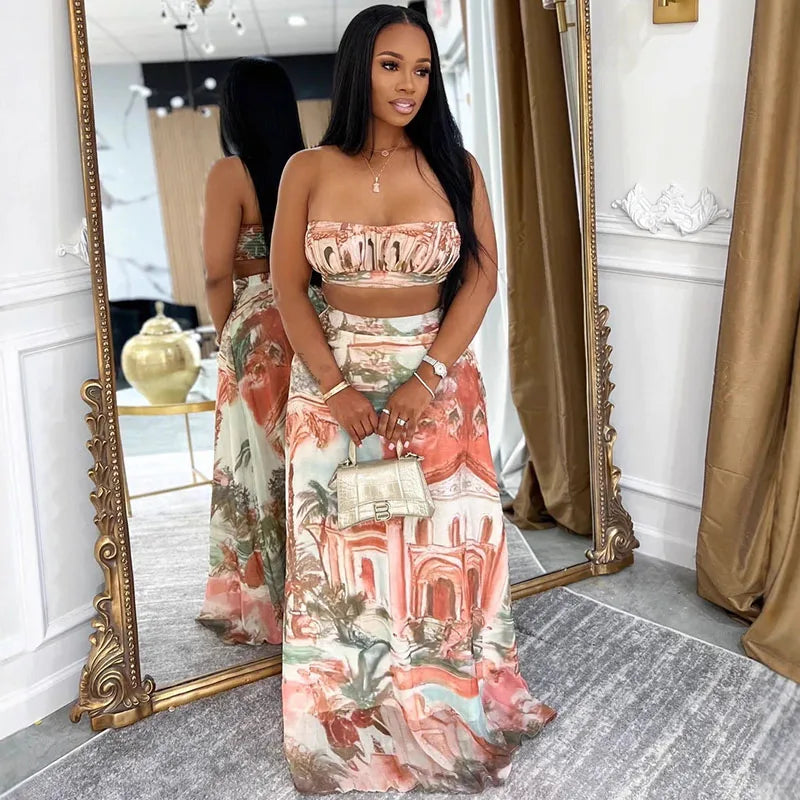 Doyerl Pattern Printing Party Dress Sets Women Two Piece Set Vacation Club Wear Crop Top and Long Skirt Matching Sets Outfits