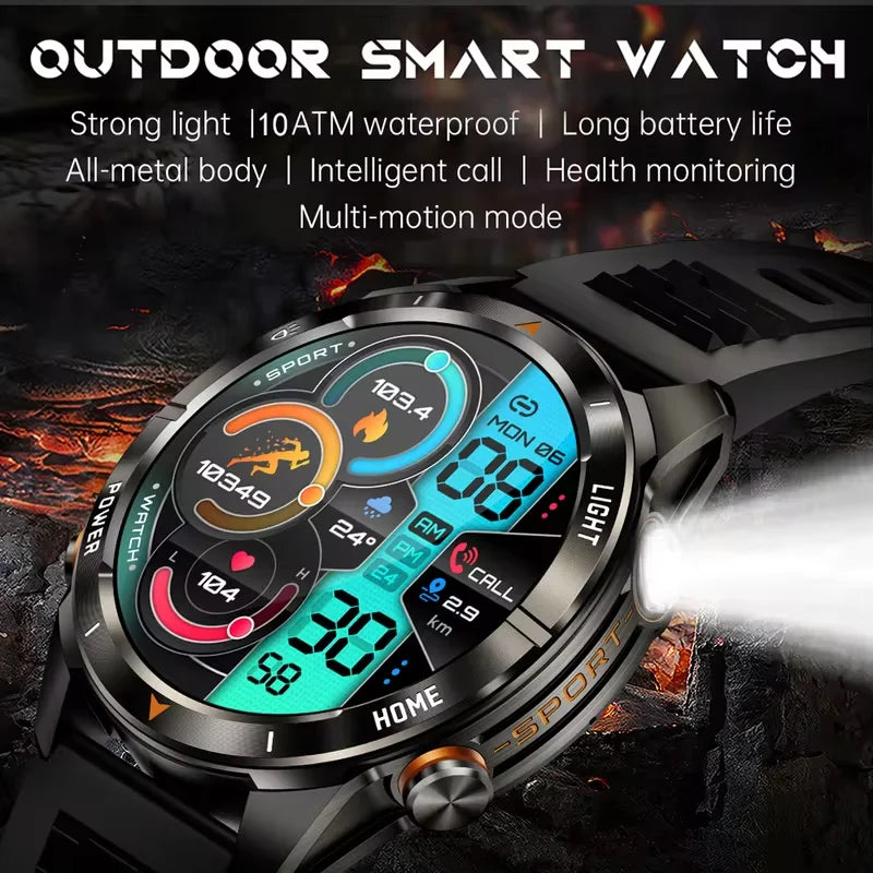 New Outdoor Sport Smart Watch Men 1.46" AMOLED Screen LED Flashlight 515mAh Battery 10ATM Waterproof Bluetooth Call Smartwatch