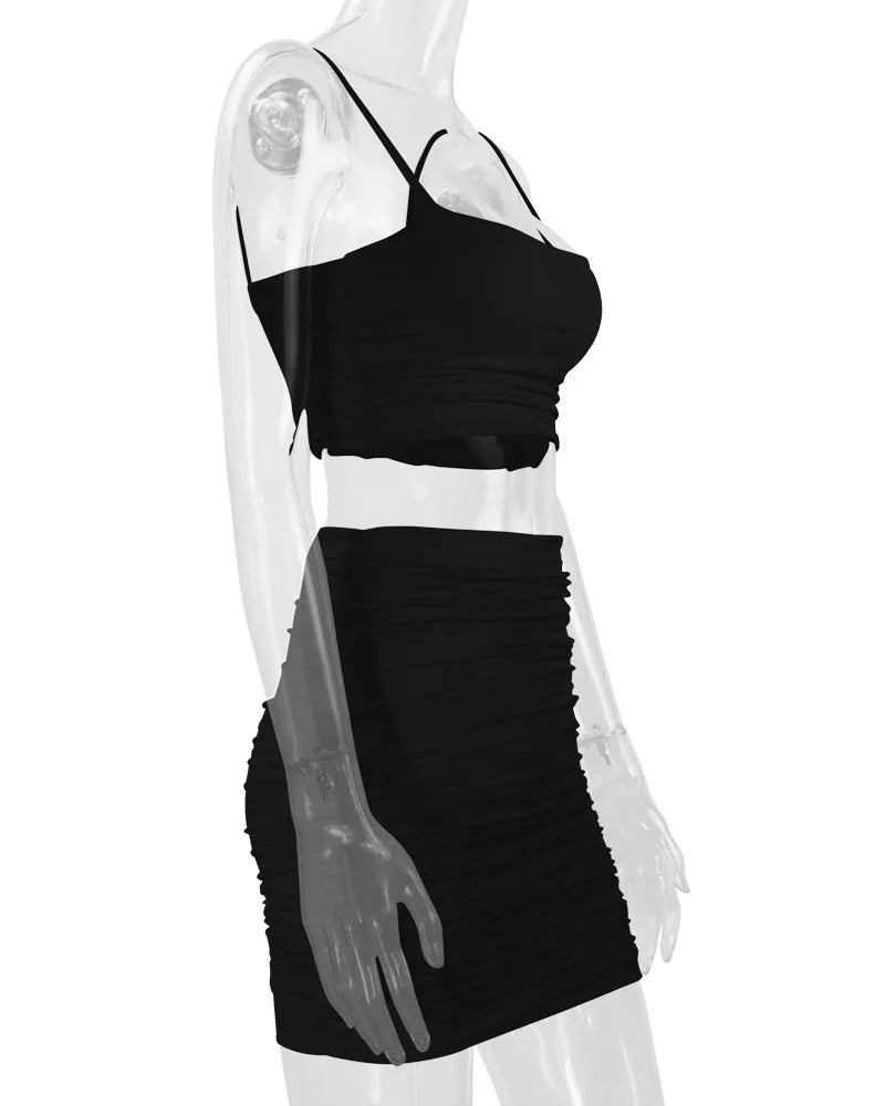 Women's New Sexy Sleeveless Strap Small Tank Top Short Top Fashion Wrinkle Bag Hip Skirt Two Piece Set