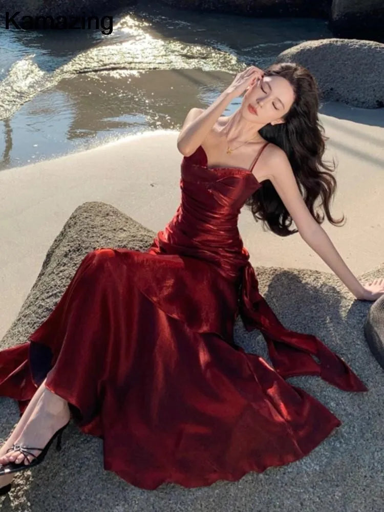 Sexy Solid Spaghetti Strap Sleeveless Evening Dresses Elegant Ruffles Party Long Dress For Women Summer Slim Beach New Vestidos