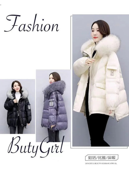 2025 Winter New Warm Down Cotton Jacket With Large Fur collar Hooded Coat Loose Women Thicken Parker Puffer Overcoat Casual wear