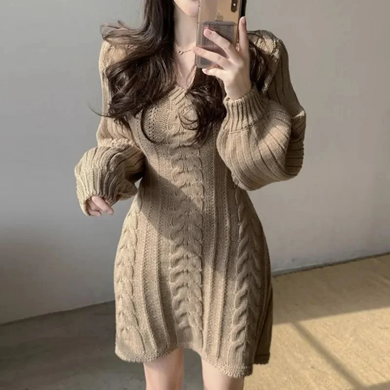 Korean Chic Autumn Gentle V-neck Linen Pattern Design Slimming Long Sleeve A- line Knitted Dress High Collar Ankle-length Dress