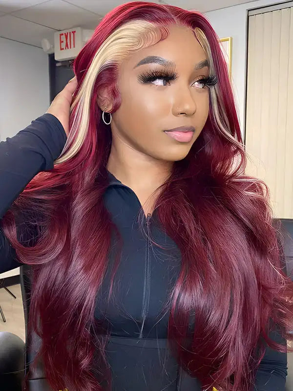 Ombre Highlight Blonde With Red Colored 13x4 Lace Front Wigs Human Hair Brazilian 30 Inch Bone Straight Human Hair Wig For Women
