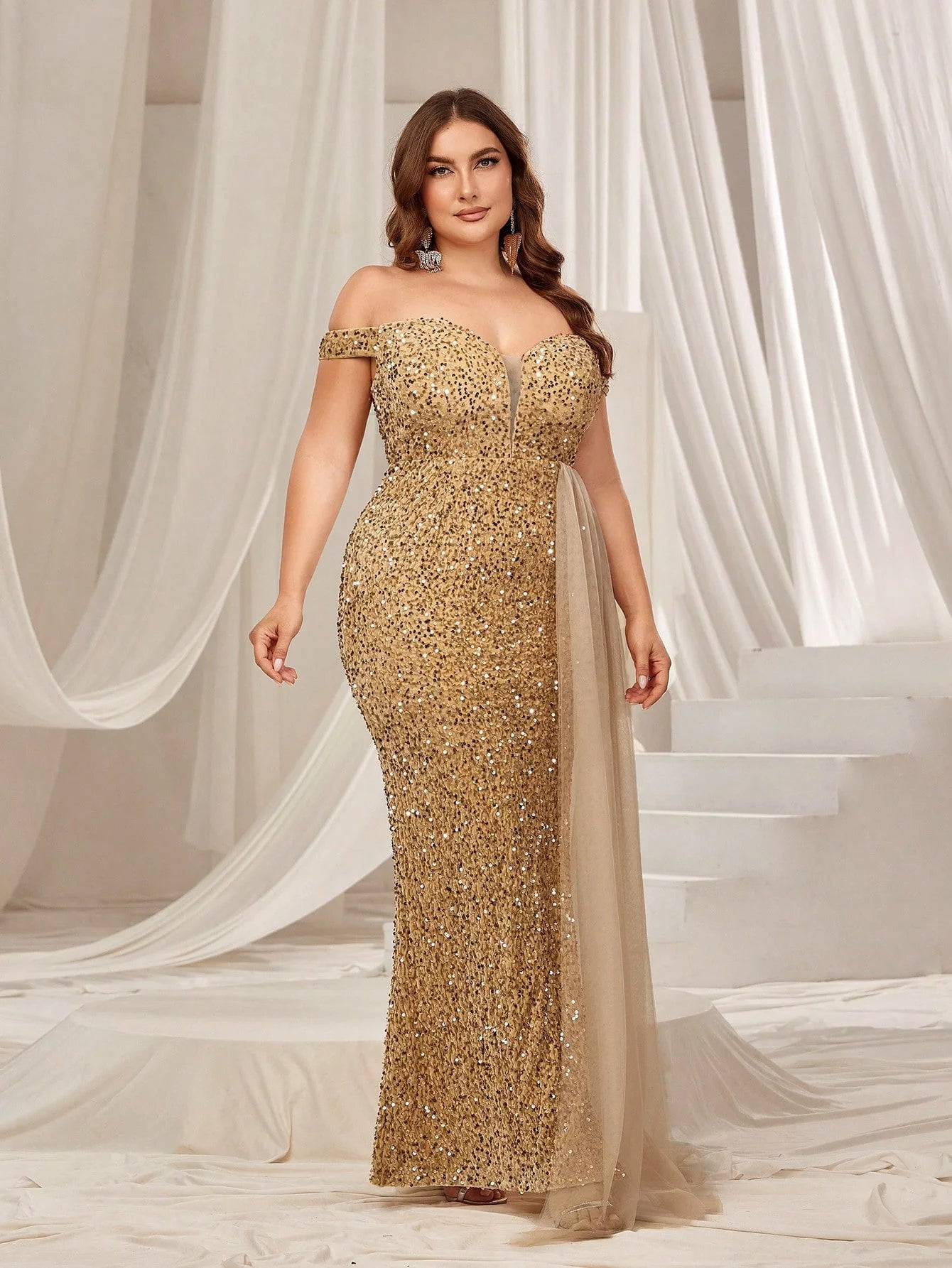 Plus Size Off Shoulder Contrast Mesh Draped Sequin Formal Dress