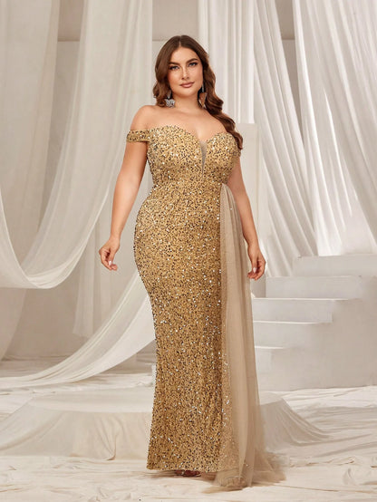 Plus Size Off Shoulder Contrast Mesh Draped Sequin Formal Dress