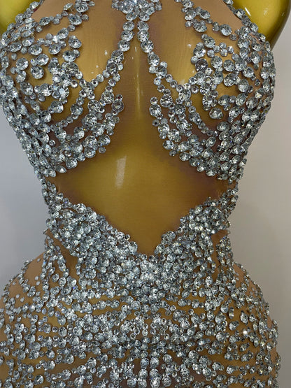 STOCK Sparkly Rhinestones Sexy Mesh See Through Dress Party Evening Prom Celebrate Birthday Dress Singer Dancer Show Stage Wear