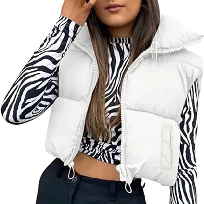 Fall Winter Warm Cropped Vest Jackets for Women Fashion Sleeveless Stand Collar Zip Up Puffer Waistcoat Street Style Outwear