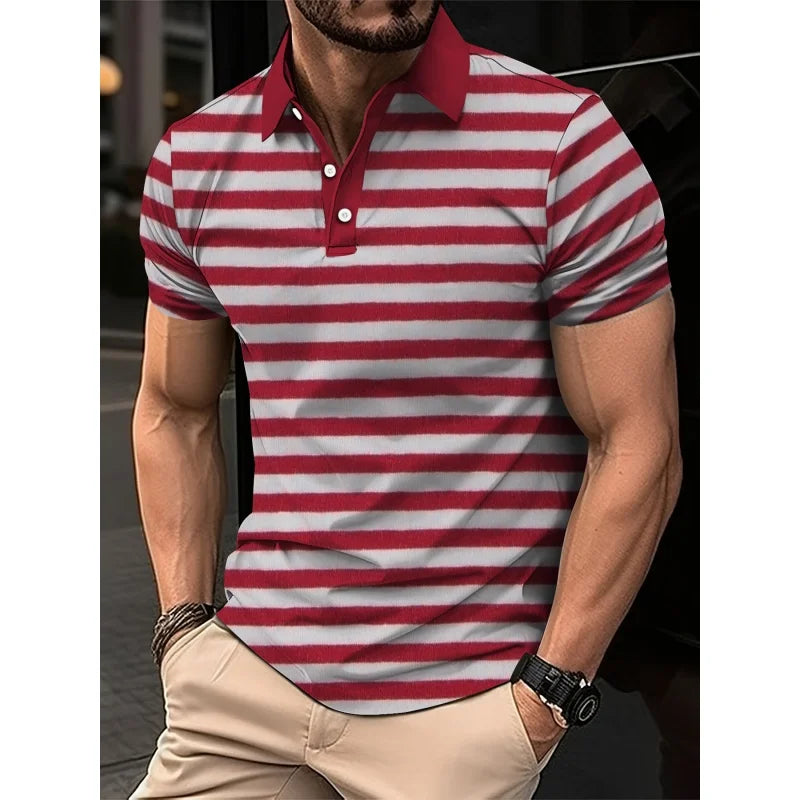 3D Print Colorful Color Block Polo Shirt For Men Stripes Pattern T-Shirts Summer Loose Street Lapel Top Button Short Sleeve Tees
