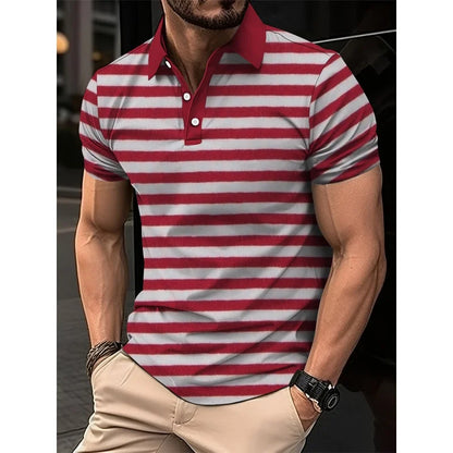 3D Print Colorful Color Block Polo Shirt For Men Stripes Pattern T-Shirts Summer Loose Street Lapel Top Button Short Sleeve Tees