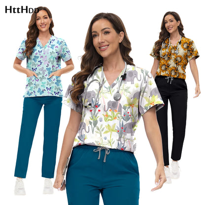 Scrubs Uniforms Sets High-quality Medical Scrub Multicolor Animal Printed Women Scrub Tops Medical Scrubs Uniform Nurse Lab Wear