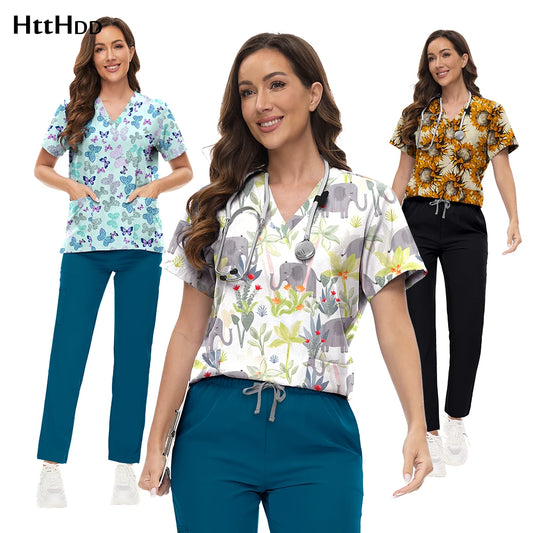 Scrubs Uniforms Sets High-quality Medical Scrub Multicolor Animal Printed Women Scrub Tops Medical Scrubs Uniform Nurse Lab Wear