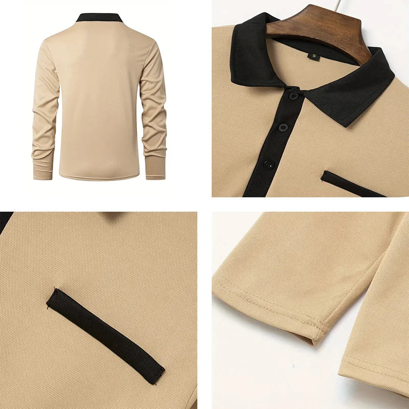 Spring and Autumn Men's Polo Shirt Lapel Pocket T-shirt Men's Business Casual Long sleeved European and American Plus Size