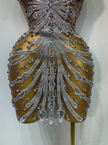 Women Sexy Strapless Rhinestones  Mini Dress Performance Costume See Through Stage Dancer Club Evening Party Birthday Dress