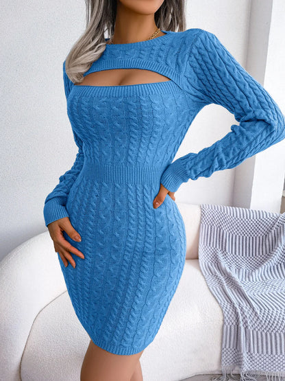 VigoCasey 2025 Blue Casual Short Knit Dress Autumn Winter Women Long Sleeve Dress Sexy Lady Solid Hollow Bodycon Knitted Dresses